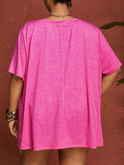 CURVE+ Plus Size V-Neck Short Sleeve T-Shirt Solid Pastel Pink Women Tops Criss Cross Top Vacation Office Concert Summer Business Casual