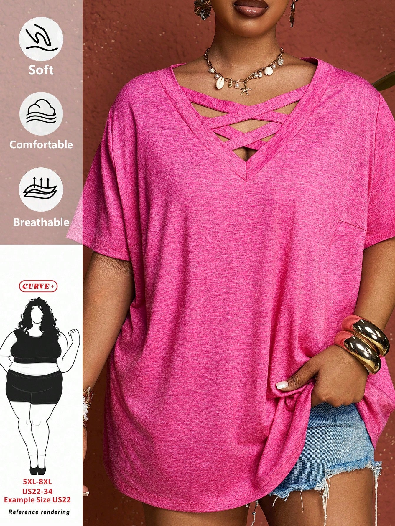 CURVE+ Plus Size V-Neck Short Sleeve T-Shirt Solid Pastel Pink Women Tops Criss Cross Top Vacation Office Concert Summer Business Casual