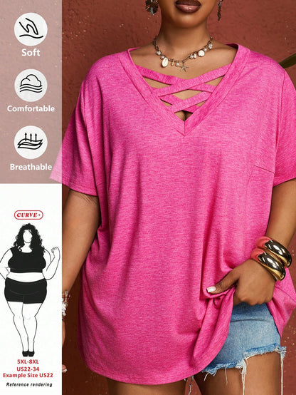 CURVE+ Plus Size V-Neck Short Sleeve T-Shirt Solid Pastel Pink Women Tops Criss Cross Top Vacation Office Concert Summer Business Casual