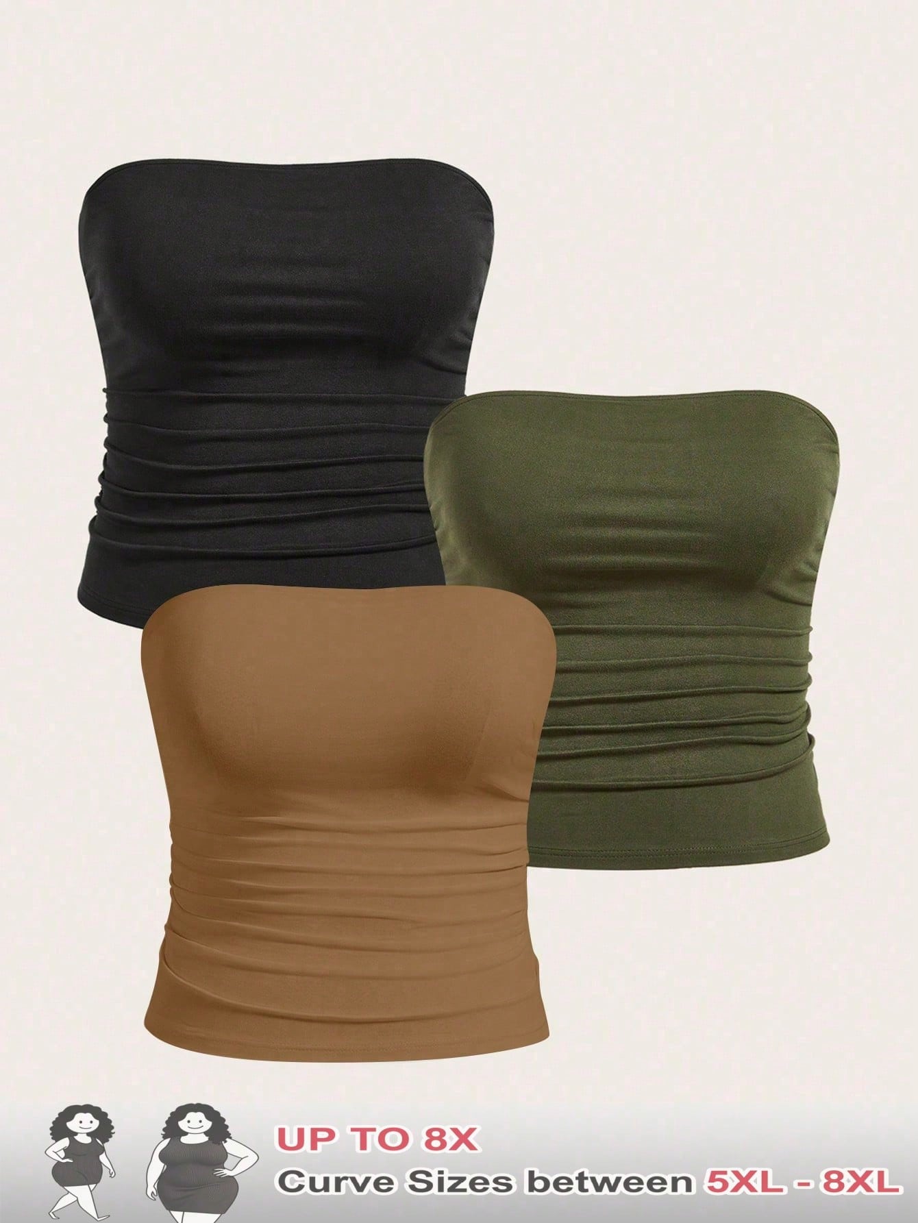 CURVE+ Plus Size Women 3 PiecesBasic Tube Top Set Strapless Tops Multipack Tops Women Ruched Tops For Women Pack Of Tube Tops Tube Tops With Padding