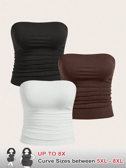 CURVE+ Plus Size Women 3 PiecesBasic Tube Top Set Strapless Tops Multipack Tops Women Ruched Tops For Women Pack Of Tube Tops Tube Tops With Padding