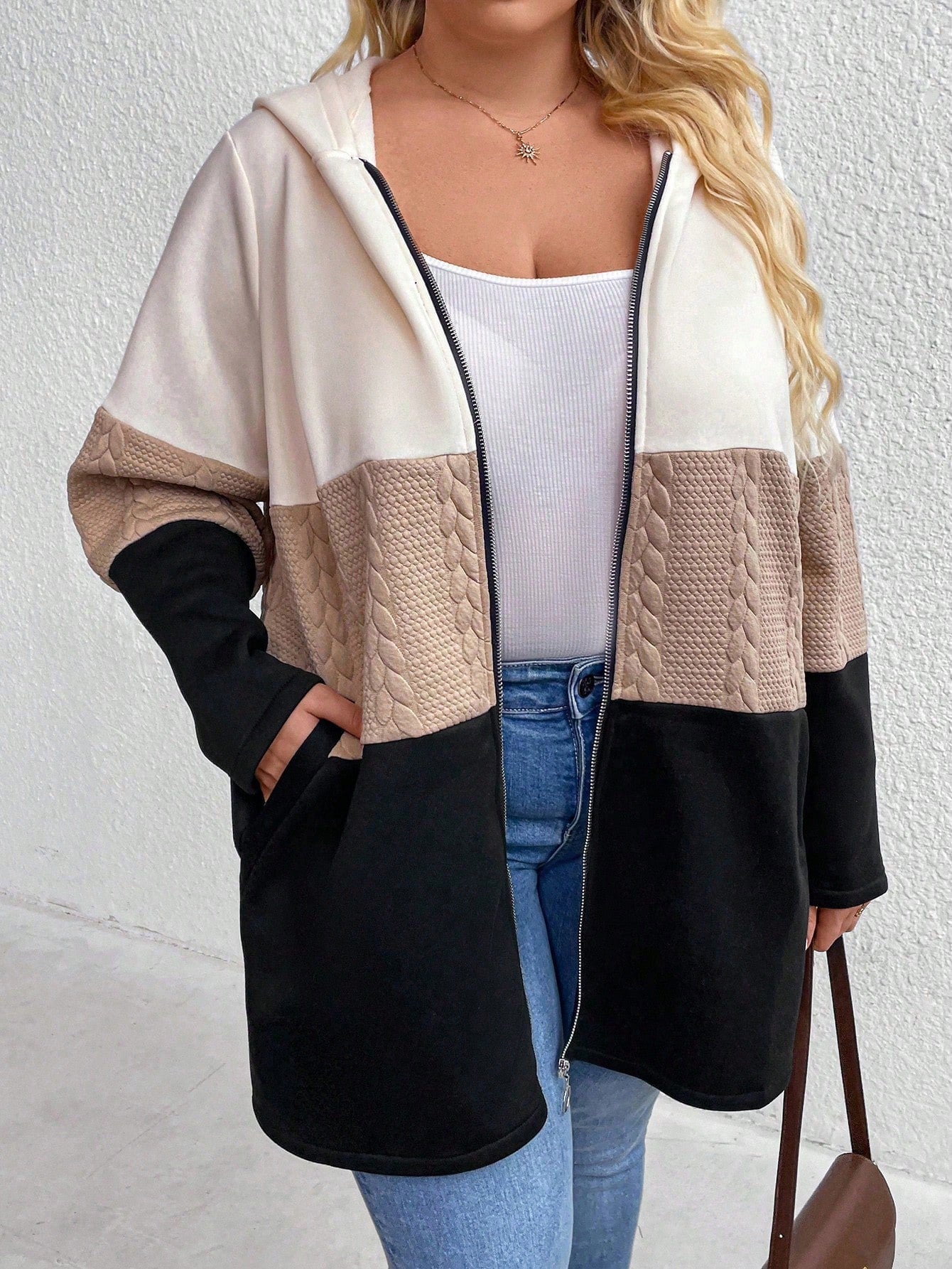 CURVE+ Plus Size Women's Casual Color Block Long Sleeve Zip-Front Hooded Coat, Autumn/Winter Fall Cloth For Women