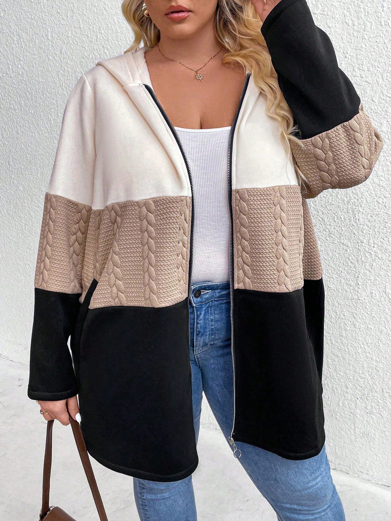 CURVE+ Plus Size Women's Casual Color Block Long Sleeve Zip-Front Hooded Coat, Autumn/Winter Fall Cloth For Women