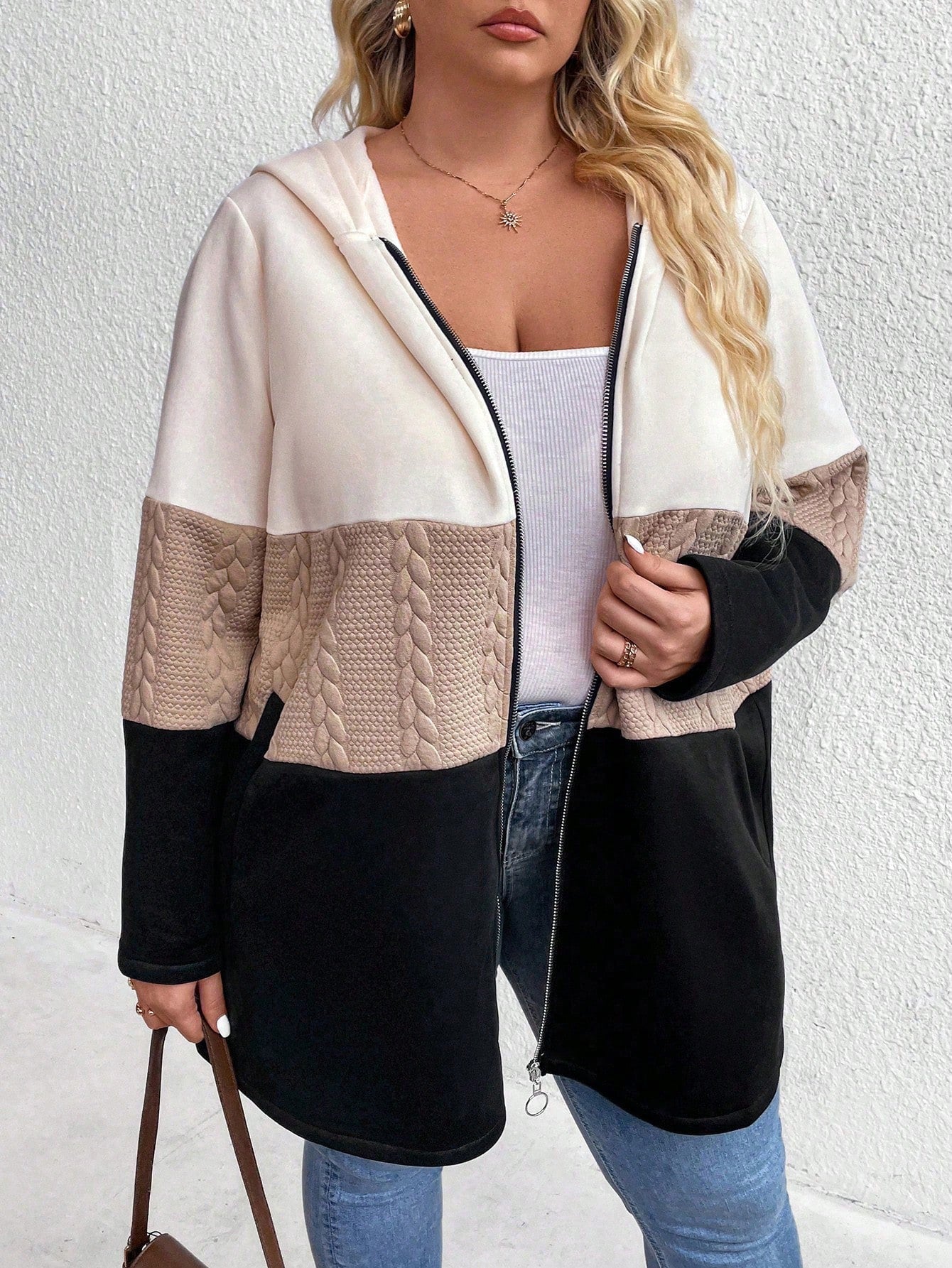 CURVE+ Plus Size Women's Casual Color Block Long Sleeve Zip-Front Hooded Coat, Autumn/Winter Fall Cloth For Women