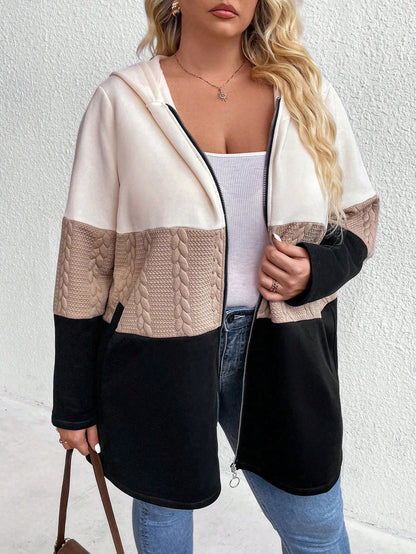 CURVE+ Plus Size Women's Casual Color Block Long Sleeve Zip-Front Hooded Coat, Autumn/Winter Fall Cloth For Women