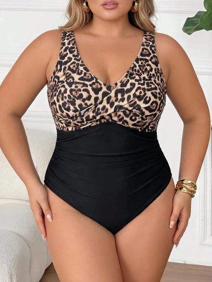 CURVE+ Plus Size Women's Leopard Print Patchwork One-Piece Swimsuit, Suitable For Beach, Resort, Swimming Pool