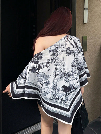 CURVE+ Plus Size Women's Summer Casual Elegant Asymmetric Collar Long Sleeve Asymmetric Hem Blouse, Asymmetric Neck Slit Sleeve Loose Fashion Shirt, Vintage Sunset Holiday Print Batwing Sleeve T