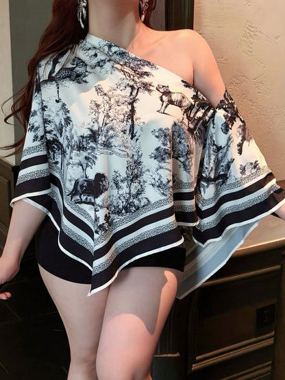 CURVE+ Plus Size Women's Summer Casual Elegant Asymmetric Collar Long Sleeve Asymmetric Hem Blouse, Asymmetric Neck Slit Sleeve Loose Fashion Shirt, Vintage Sunset Holiday Print Batwing Sleeve T