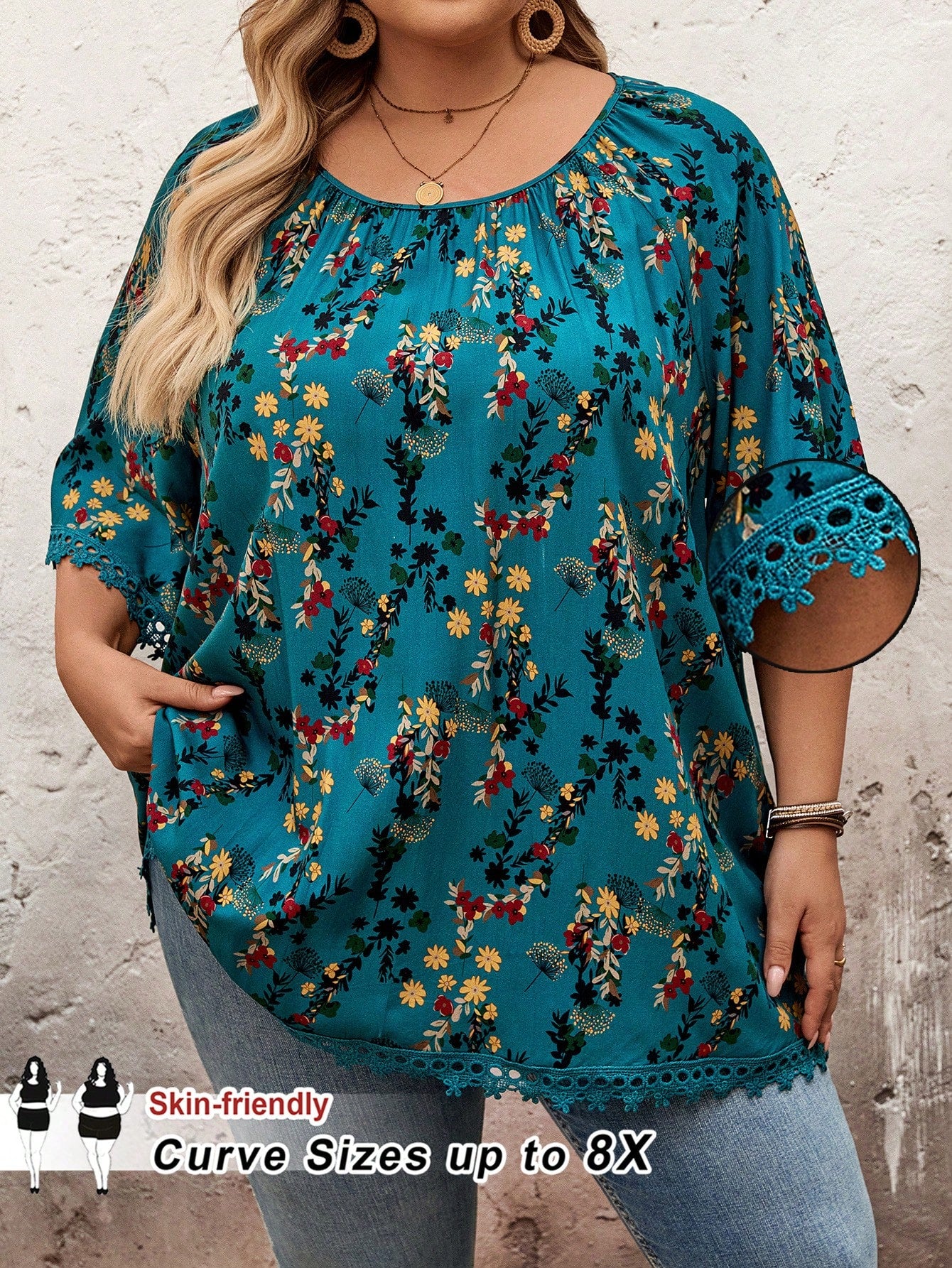 CURVE+ Plus Size Women Teal Ditsy Floral Round Neck Raglan Sleeve Loose Blouse,Summer,Boho Business Casual,Vacation,Holiday,Curve Plus Beach Essentials