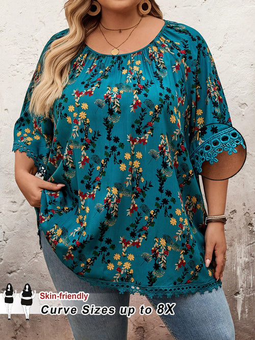 CURVE+ Plus Size Women Teal Ditsy Floral Round Neck Raglan Sleeve Loose Blouse,Summer,Boho Business Casual,Vacation,Holiday,Curve Plus Beach Essentials