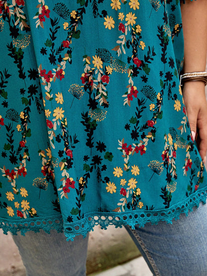 CURVE+ Plus Size Women Teal Ditsy Floral Round Neck Raglan Sleeve Loose Blouse,Summer,Boho Business Casual,Vacation,Holiday,Curve Plus Beach Essentials