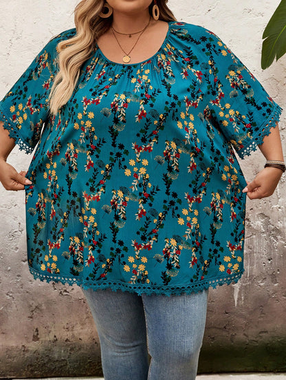 CURVE+ Plus Size Women Teal Ditsy Floral Round Neck Raglan Sleeve Loose Blouse,Summer,Boho Business Casual,Vacation,Holiday,Curve Plus Beach Essentials