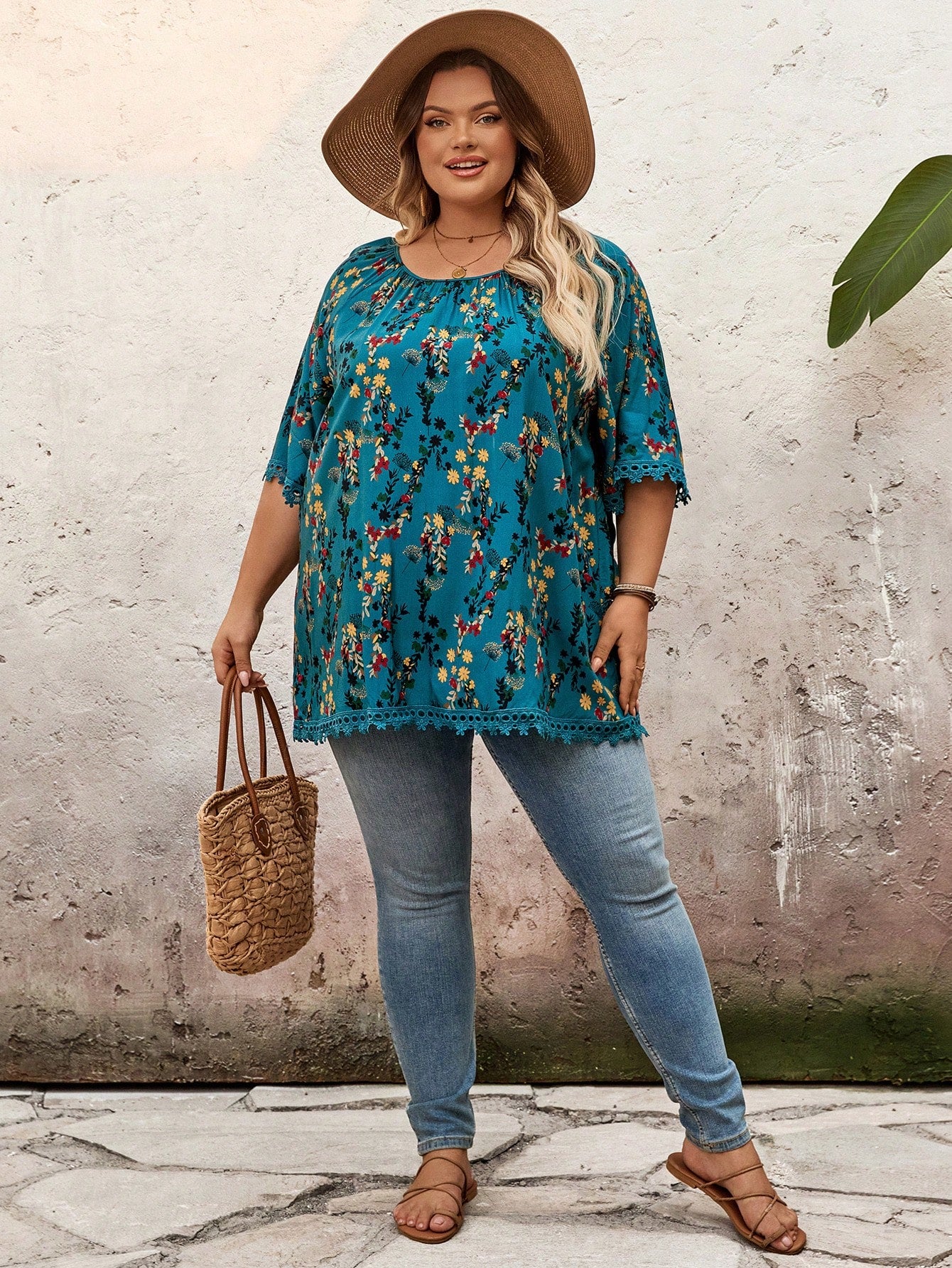 CURVE+ Plus Size Women Teal Ditsy Floral Round Neck Raglan Sleeve Loose Blouse,Summer,Boho Business Casual,Vacation,Holiday,Curve Plus Beach Essentials