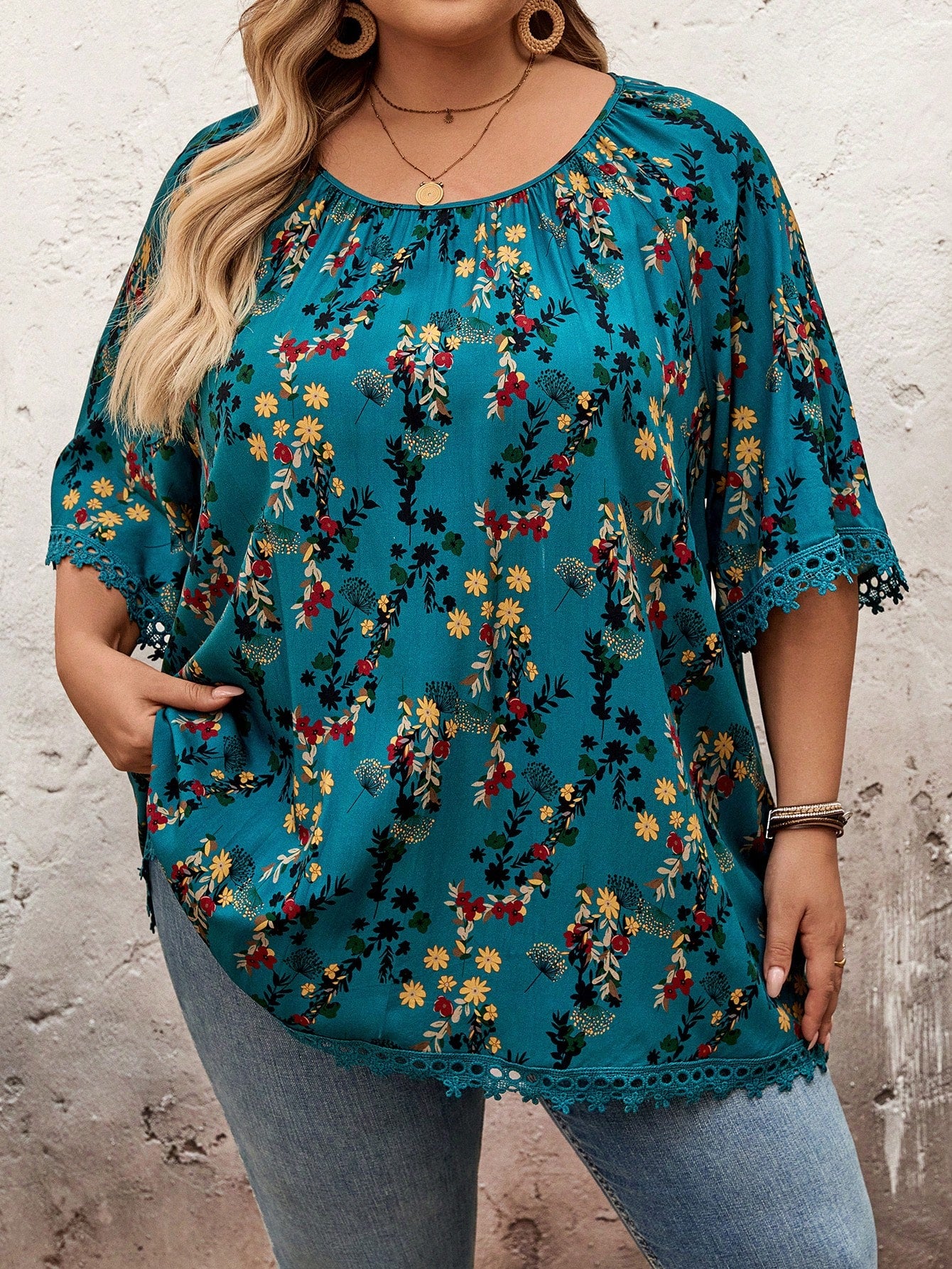 CURVE+ Plus Size Women Teal Ditsy Floral Round Neck Raglan Sleeve Loose Blouse,Summer,Boho Business Casual,Vacation,Holiday,Curve Plus Beach Essentials