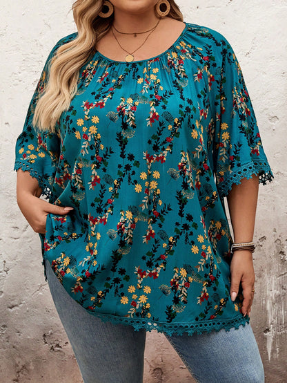 CURVE+ Plus Size Women Teal Ditsy Floral Round Neck Raglan Sleeve Loose Blouse,Summer,Boho Business Casual,Vacation,Holiday,Curve Plus Beach Essentials