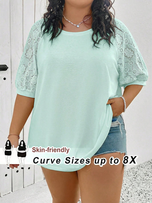 CURVE+ Plus Size Women Top With Different Material Splicing,White T-Shirt