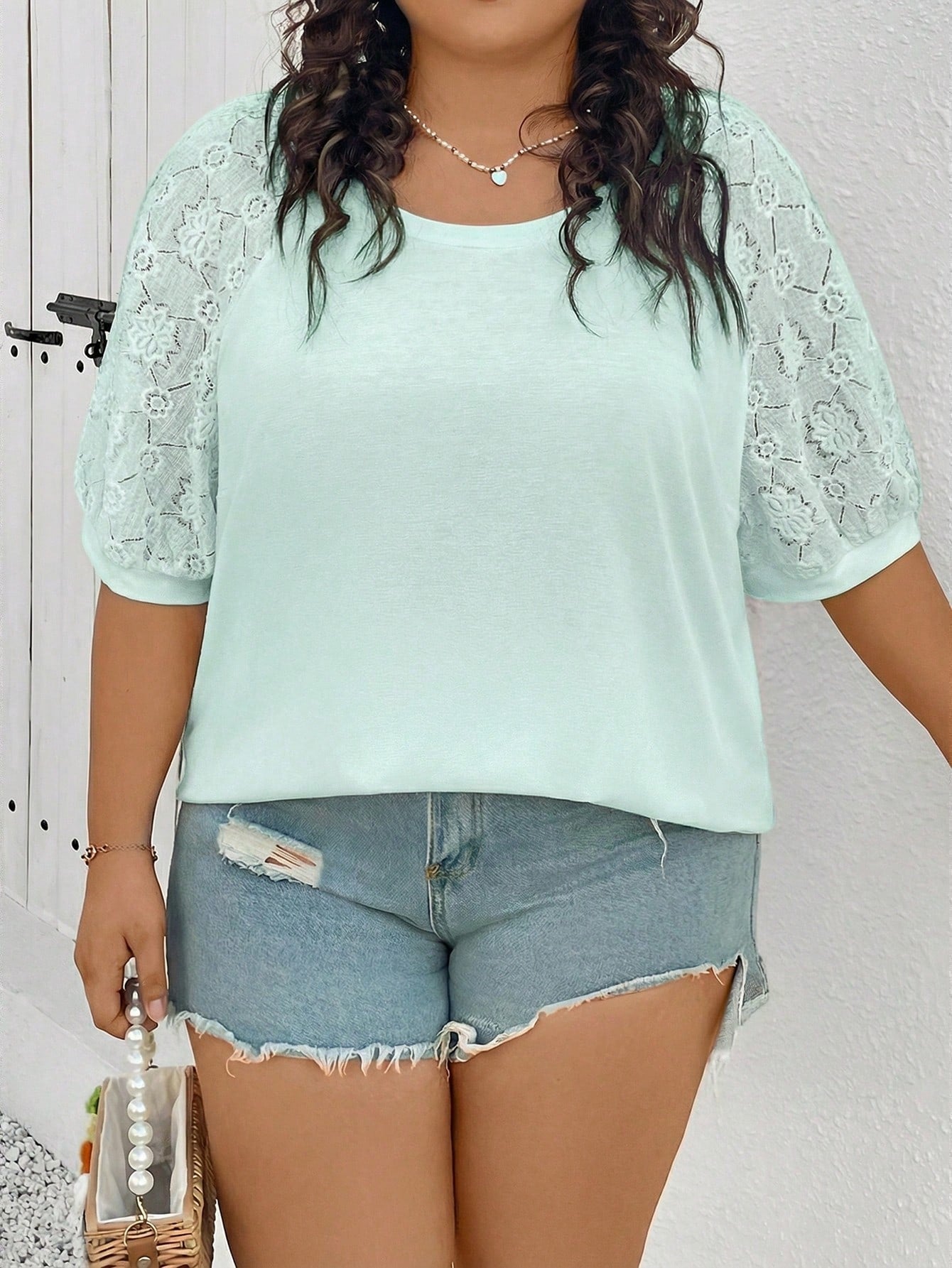 CURVE+ Plus Size Women Top With Different Material Splicing,White T-Shirt