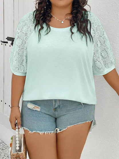 CURVE+ Plus Size Women Top With Different Material Splicing,White T-Shirt