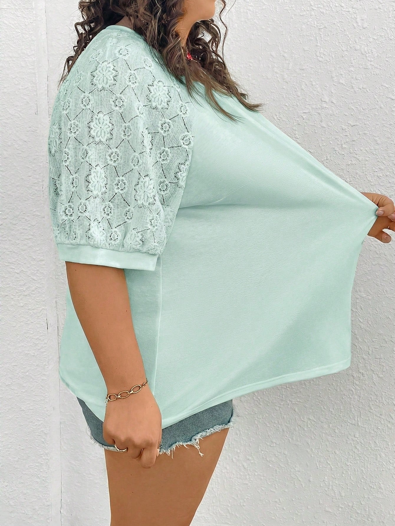 CURVE+ Plus Size Women Top With Different Material Splicing,White T-Shirt