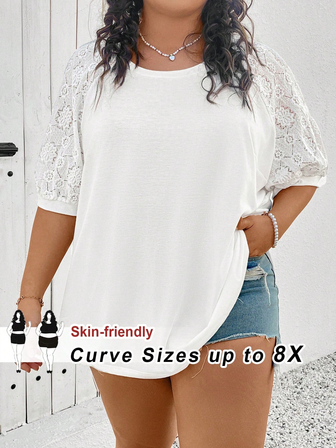 CURVE+ Plus Size Women Top With Different Material Splicing,White T-Shirt