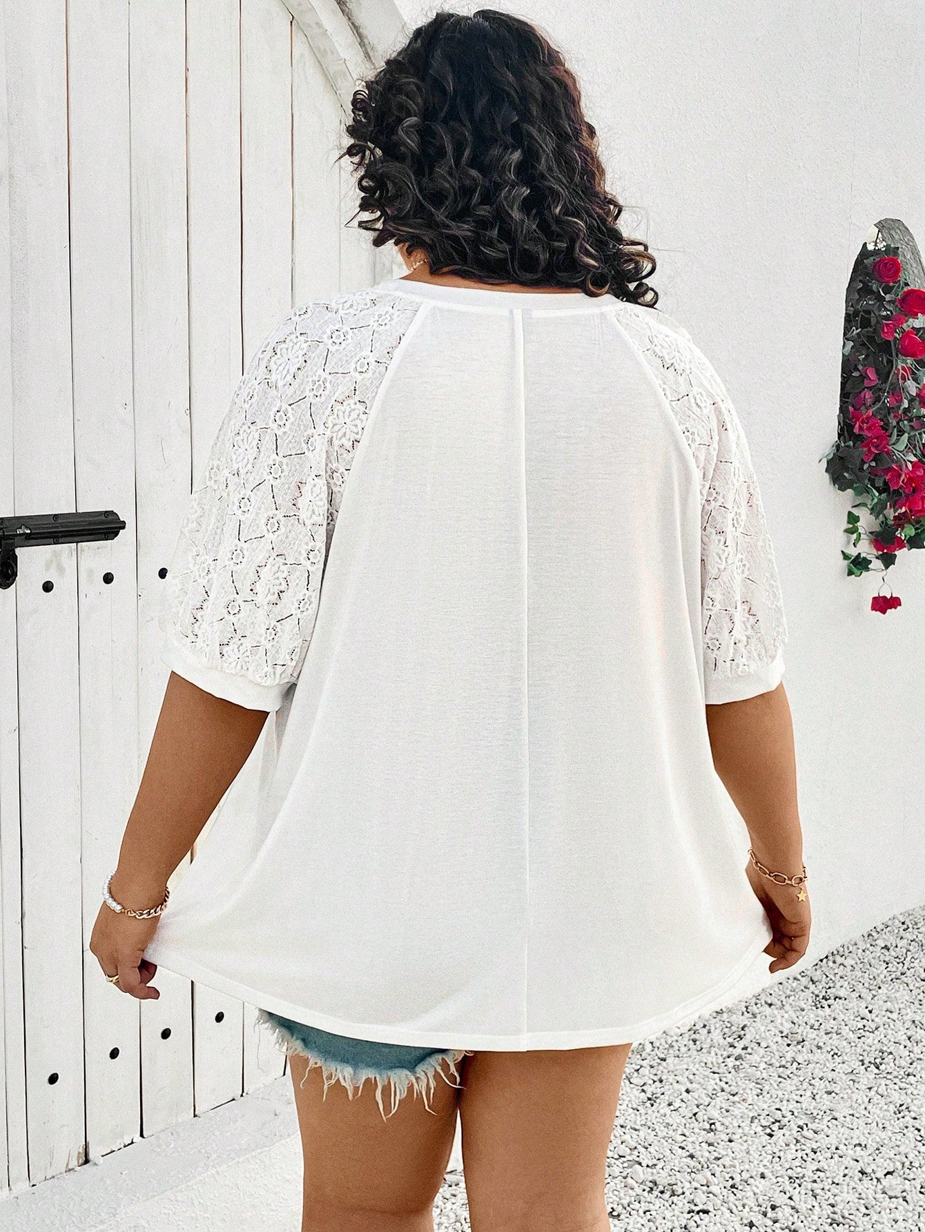 CURVE+ Plus Size Women Top With Different Material Splicing,White T-Shirt