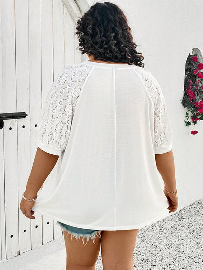 CURVE+ Plus Size Women Top With Different Material Splicing,White T-Shirt