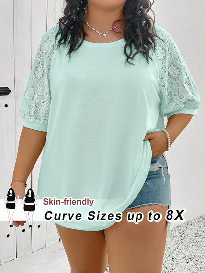CURVE+ Plus Size Women Top With Different Material Splicing,White T-Shirt