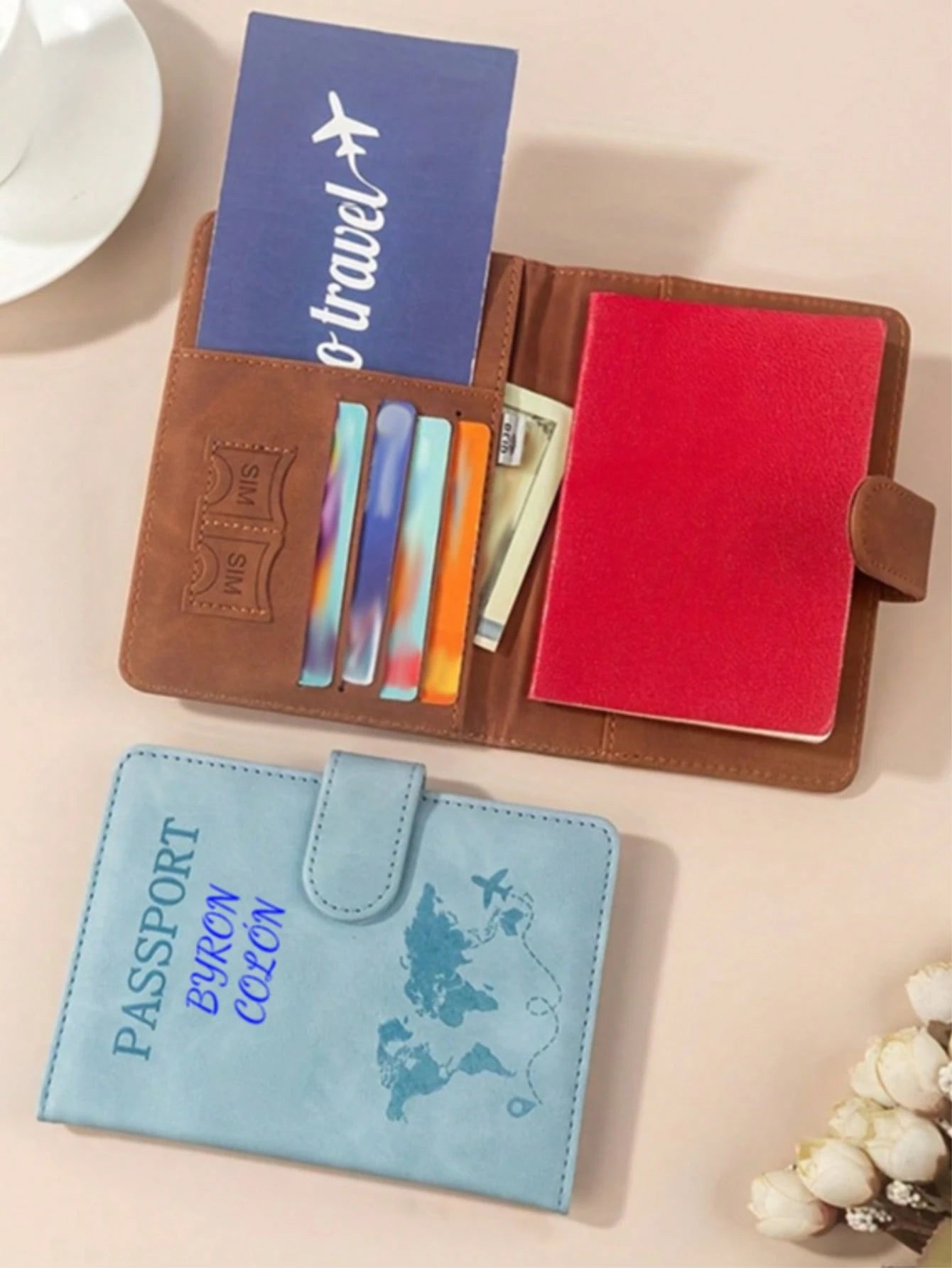 Custom Text Logo PU Leather Passport Holder Cover, Airplane Tickets Travel Document Wallet Organizer, Personalized Travel Essentials Luggage Gear, Vacation Accessories