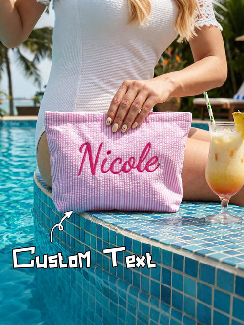 Customizable Personalized Thin Striped Fabric Cosmetic Bag, Add Your Name, Multiple Colors, Minimalist Fresh Large Capacity Makeup Bag, Storage Pouch, Document Organizer, For Travel, School, Gift For
