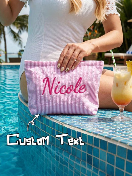 Customizable Personalized Thin Striped Fabric Cosmetic Bag, Add Your Name, Multiple Colors, Minimalist Fresh Large Capacity Makeup Bag, Storage Pouch, Document Organizer, For Travel, School, Gift For