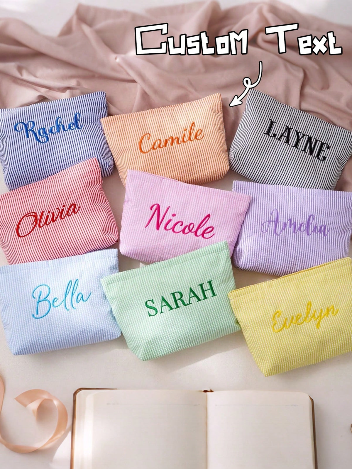 Customizable Personalized Thin Striped Fabric Cosmetic Bag, Add Your Name, Multiple Colors, Minimalist Fresh Large Capacity Makeup Bag, Storage Pouch, Document Organizer, For Travel, School, Gift For