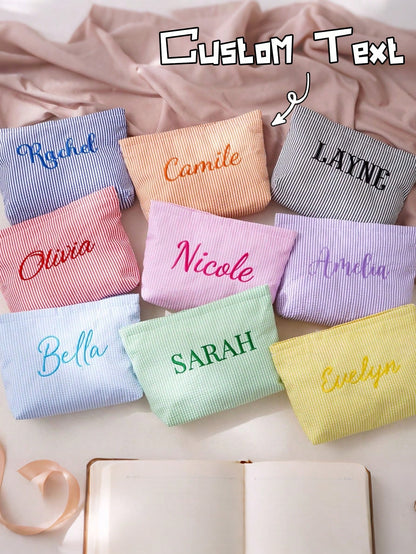 Customizable Personalized Thin Striped Fabric Cosmetic Bag, Add Your Name, Multiple Colors, Minimalist Fresh Large Capacity Makeup Bag, Storage Pouch, Document Organizer, For Travel, School, Gift For