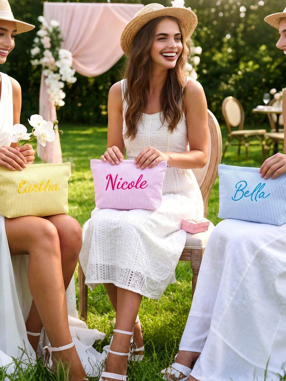 Customizable Personalized Thin Striped Fabric Cosmetic Bag, Add Your Name, Multiple Colors, Minimalist Fresh Large Capacity Makeup Bag, Storage Pouch, Document Organizer, For Travel, School, Gift For