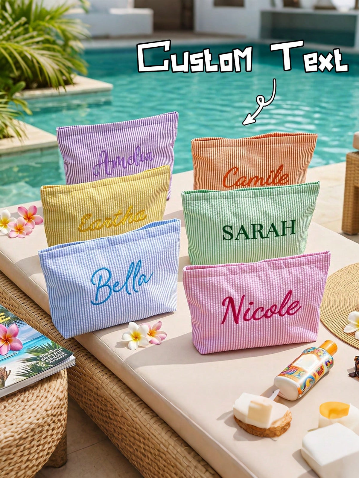 Customizable Personalized Thin Striped Fabric Cosmetic Bag, Add Your Name, Multiple Colors, Minimalist Fresh Large Capacity Makeup Bag, Storage Pouch, Document Organizer, For Travel, School, Gift For