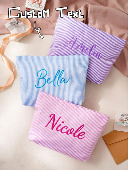 Customizable Personalized Thin Striped Fabric Cosmetic Bag, Add Your Name, Multiple Colors, Minimalist Fresh Large Capacity Makeup Bag, Storage Pouch, Document Organizer, For Travel, School, Gift For