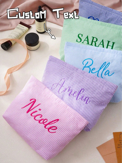 Customizable Personalized Thin Striped Fabric Cosmetic Bag, Add Your Name, Multiple Colors, Minimalist Fresh Large Capacity Makeup Bag, Storage Pouch, Document Organizer, For Travel, School, Gift For