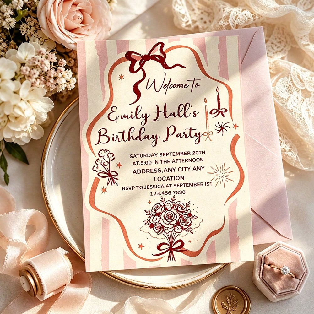 Customized Personalized Invitations And Thank You Cards, With Customizable Text, Inner Pages And Envelopes, Suitable For Birthday, Wedding, Mother's Day, Anniversary, Bridal Shower And All Holiday Cel