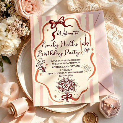 Customized Personalized Invitations And Thank You Cards, With Customizable Text, Inner Pages And Envelopes, Suitable For Birthday, Wedding, Mother's Day, Anniversary, Bridal Shower And All Holiday Cel