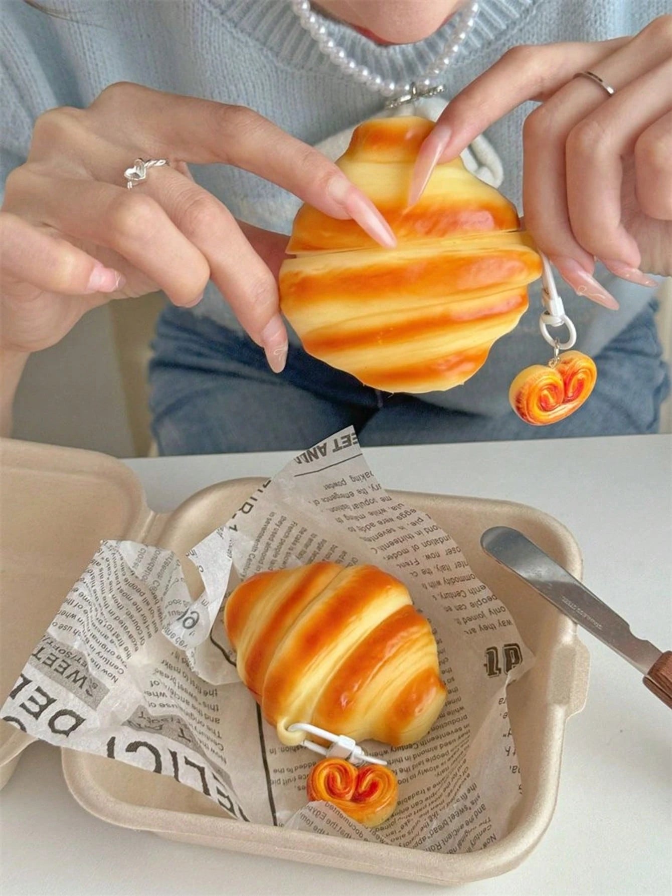 Cute Asymmetric Shockproof Silicone Ugly Cute Interesting Croissant Shaped Earphone Case With A Small Pastry Pendant Compatible With Apple Earphone Case 1/2/3/4/Pro/Pro2(Nd)/Pro(3rd) Birthday Gift Ann