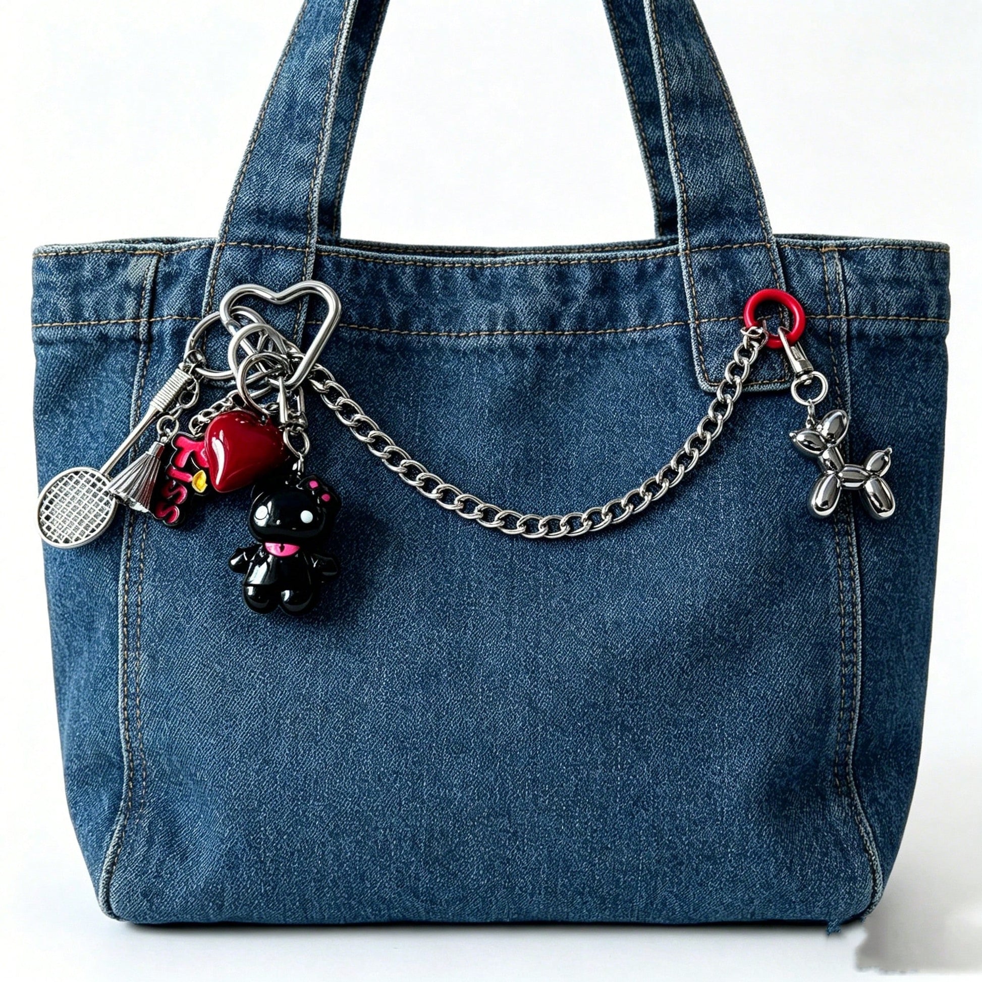 Cute Cartoon Bag Charm Heart Badminton Keychain Balloon Dog Maximalist Double Clasp Chain Pendant