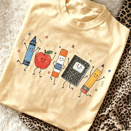 Cute Cartoon School Supplies Graphic Tee Preppy Teacher Student T-Shirt Kindergarten Back To School Top Smiling Apple Crayon Pencil Graphic Clothes