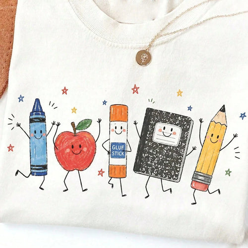 Cute Cartoon School Supplies Graphic Tee Preppy Teacher Student T-Shirt Kindergarten Back To School Top Smiling Apple Crayon Pencil Graphic Clothes