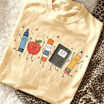 Cute Cartoon School Supplies Graphic Tee Preppy Teacher Student T-Shirt Kindergarten Back To School Top Smiling Apple Crayon Pencil Graphic Clothes