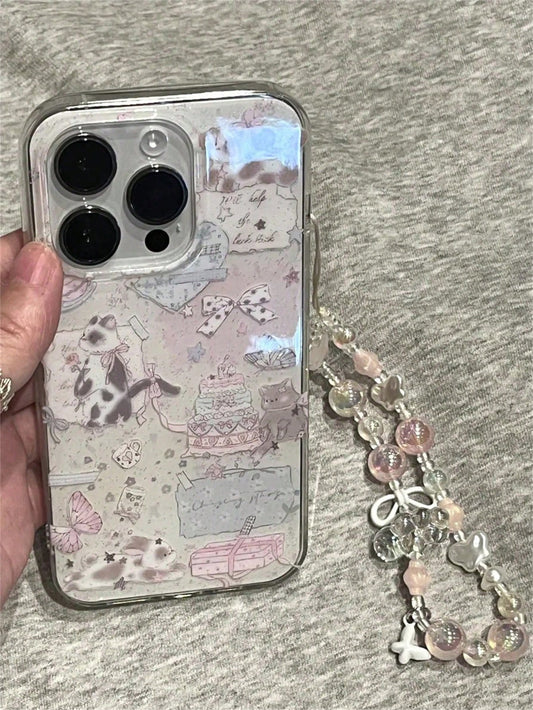Cute Cat Element Fashion Phone Case Cute Cartoon Cake Bow Cat Bracelet Phone Case, Compatible With IPhone 17 Pro Max, 17 Pro, 17, 16 Pro Max, 15, 14 Pro, 13, 12, 11, Exquisite Back Cover Spring Birthd