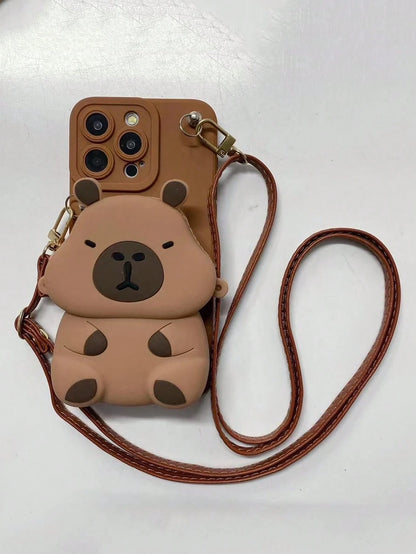 Cute Creative Capybara Element Silicone 1pc Capybara Design Crossbody Card Holder Case, Fashion Phone Case Compatible With IPhone 11 12 13 14 15 16 17 Pro Max (The Card Holder Case Is Made Of Soft Sil