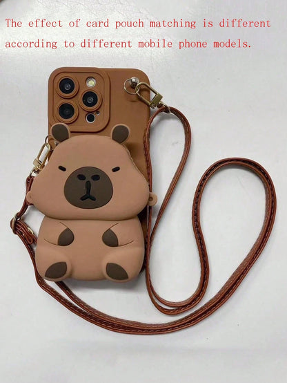 Cute Creative Capybara Element Silicone 1pc Capybara Design Crossbody Card Holder Case, Fashion Phone Case Compatible With IPhone 11 12 13 14 15 16 17 Pro Max (The Card Holder Case Is Made Of Soft Sil
