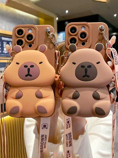 Cute Creative Capybara Element Silicone 1pc Capybara Design Crossbody Card Holder Case, Fashion Phone Case Compatible With IPhone 11 12 13 14 15 16 17 Pro Max (The Card Holder Case Is Made Of Soft Sil
