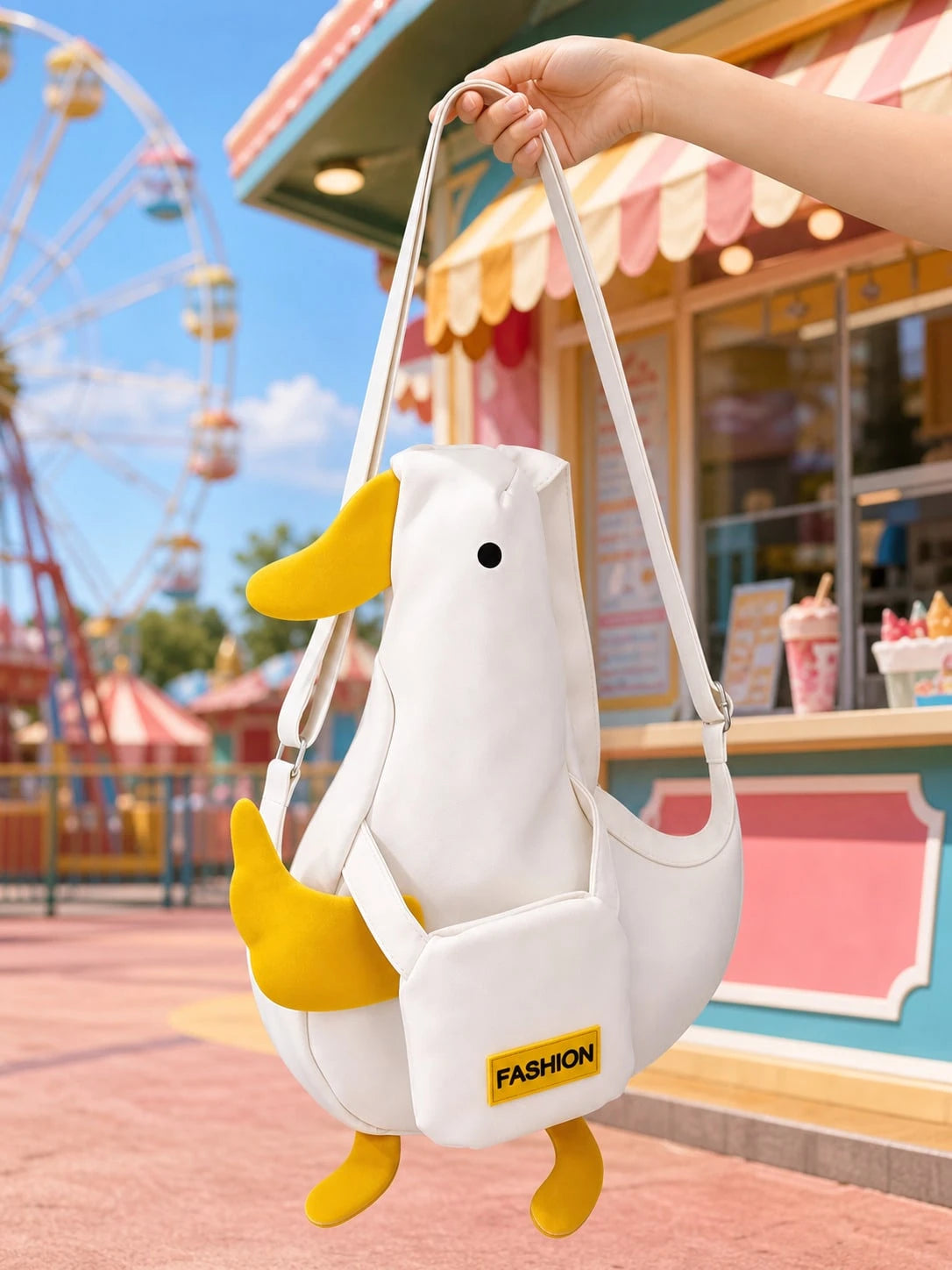 Cute Duck Crossbody Bag, White Yellow Animal Shoulder Purse, Fun Novelty Bag For Summer Outings, Travel, Festivals And Daily Wear