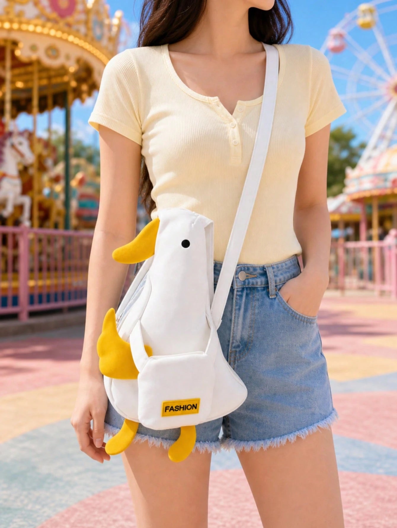 Cute Duck Crossbody Bag, White Yellow Animal Shoulder Purse, Fun Novelty Bag For Summer Outings, Travel, Festivals And Daily Wear