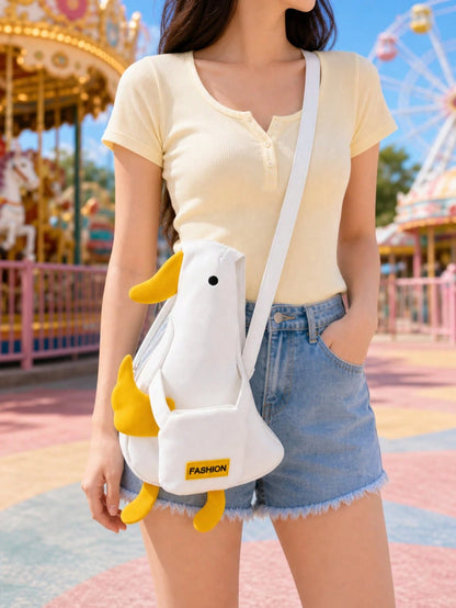Cute Duck Crossbody Bag, White Yellow Animal Shoulder Purse, Fun Novelty Bag For Summer Outings, Travel, Festivals And Daily Wear